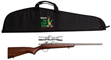 [611613222385] Crickett KSA2238BSC My First Rifle Package 22 S/L/LR Single Shot 16.10" Stainless Steel Barrel  &  Receiver, American Walnut Fixed Stock, 4x32 Scope