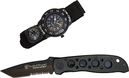 [024718100036] S&W SWXTMOPS2 S&W Extreme Ops Combo 3.18" Folding Plain Black 420 Stainless Steel Blade, Black Handle, Watch w/Compass