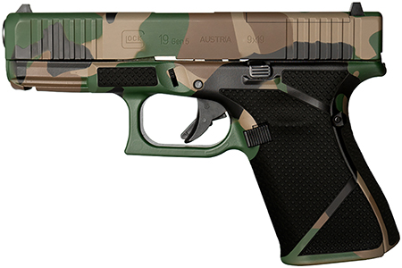 [617695827845] Glock PA195S204MOSNM81 G19 Gen5 MOS Compact Frame 9mm Luger 15+1 4.02" Black GMB Barrel, Camo Cerakote MOS Cut/Serrated Steel Slide, M81 Camo Polymer Frame w/Picatinny Rail, Ambidextrous