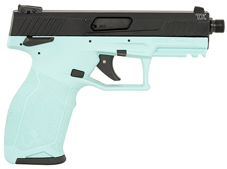 [725327932567] Taurus 1-TX22141C10 TX22  Full Size Frame 22 LR 10+1 4.10" Matte Black Threaded Barrel, Matte Black Serrated Slide, Cyan Polymer Frame w/Picatinny Rail, Textured Grip