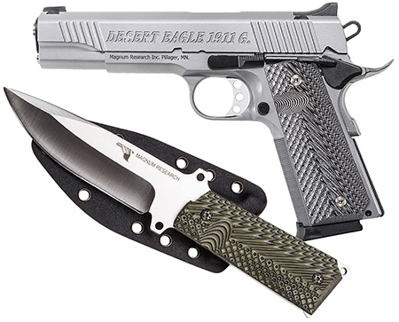 [761226088691] Magnum Research DE1911GSS-K Desert Eagle 1911  w/ 1911 Fixed Blade Knife 45 ACP 8+1 5.01" Stainless Steel Slide Matte Stainless Steel Black/Gray G10 Grip