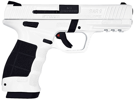 [810075870794] SAR USA SAR9STORMWT SAR9 Storm Full Size Frame 9mm 17+1 4.40" Black Steel Barrel, White Cerakote Steel Serrated Slide, White Cerakote Polymer Frame w/Picatinny Rail, Interchangeable Panels Grip