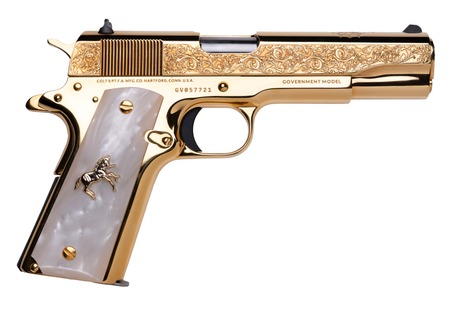 [198715437362] Cnc Firearms CNCELRANCH Colt 1911 El Ranchero 38 Super 7+1 5" Stainless Steel Barrel, 24K Gold Plated Serrated w/Engraved Scrollwork Slide, 24K Gold Plated Steel Frame, Mother of Pearl Grip
