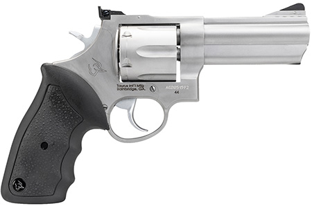 [725327204022] Taurus 2440049 44  Large Frame 44 Rem Mag 6rd 4" Matte Stainless Steel Ported Barrel, Matte Stainless Cylinder  &  Frame, Black Finger Groove Rubber Grip Transfer Bar Safety Exposed Hammer