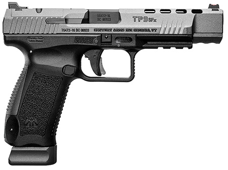[787450448568] Canik HG4192GN TP9 SFx 9mm Luger 10+1 5.20" Tungsten Gray Match Grade Barrel, Black Lightening Cut/Optic Cut/Serrated Steel Slide, Black Polymer Frame w/Picatinny Rail, Interchangeable Backstrap Grip