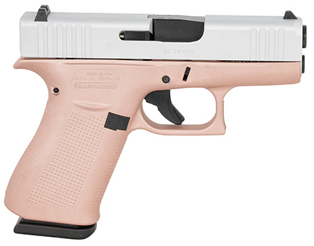 [810100237882] Glock UX4350204RGFCSS G43  Slim Sub-Compact Frame 9mm Luger 10+1 3.41" Black GMB Barrel, Crushed Silver Serrated Steel Slide, Rose Gold Polymer Frame w/Beavertail, Textured Polymer Grip, Ambidextrous