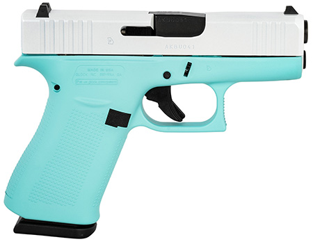[810100237318] Glock UX4350204REBFPWS G43X  Sub-Compact Frame 9mm Luger 10+1 3.41" Black GMB Barrel, Pearl White Cerakote Serrated Steel Slide, Robin Egg Blue Cerakote Polymer Frame w/Beavertail,  Ambidextrous