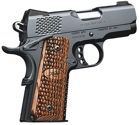 [669278321509] Kimber Mfg, Inc 3200150CA Raptor II Ultra *CA Compliant 45 ACP 7+1 3" Stainless Match Grade Barrel, Matte Black Serrated Steel Slide, Matte Black Aluminum Frame w/Beavertail, Zebrawood Grip