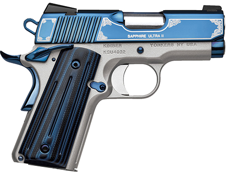 [669278322735] Kimber Mfg, Inc 3200273 Ultra II  9mm Luger 8+1 3" Stainless Match Grade Barrel, Engraved Sapphire Blue PVD Serrated Stainless Steel Slide, Satin Silver Aluminum Frame w/Beavertail, G10 Grip