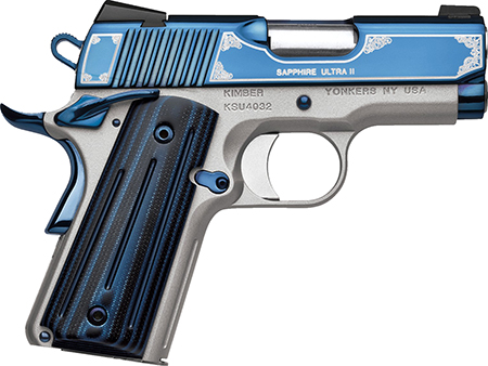 [669278323626] Kimber Mfg, Inc 3200362 Ultra II  45 ACP 7+1 3" Stainless Match Grade Barrel, Engraved Sapphire Blue PVD Serrated Stainless Steel Slide, Satin Silver Aluminum Frame w/Beavertail, G10 Grip