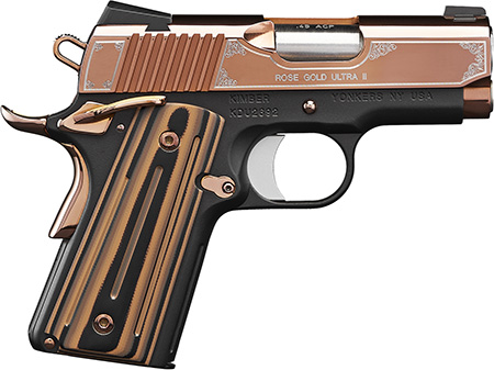 [669278323732] Kimber Mfg, Inc 3200373 Ultra II  45 ACP 7+1 3" Stainless Match Grade Barrel, Engraved Rose Gold PVD Serrated Stainless Steel Slide, Kimpro II Black Aluminum Frame w/Beavertail, G10 Grip