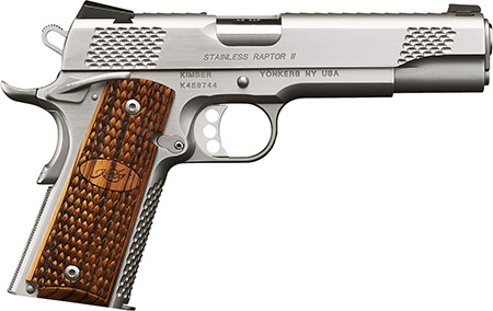 [669278323862] Kimber Mfg, Inc 3200386 Raptor II  10mm Auto 8+1 5" Stainless Match Grade Barrel, Satin Silver Serrated Stainless Steel Slide, Satin Silver Stainless Steel Frame w/Beavertail, Zebrawood Grip