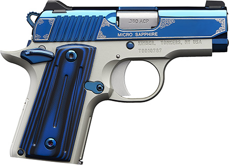 [669278330907] Kimber Mfg.,inc 3300090 Micro Sapphire NS 380 ACP 7+1 2.75" Polished Bright Blue PVD Coating Cut Scroll Engraving and Border Stainless Steel Thin blue/black ball-milled G-10 Grip