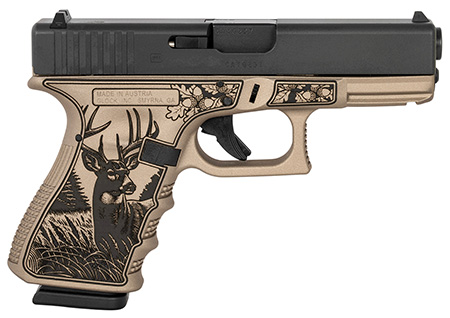 [810105518924] Glock PI1950204TRPHYBUCK G19 Gen3 Compact Frame 9mm Luger 15+1 4.02" Black Steel Barrel, Black Cerakote Serrated Steel Slide, Trophy Buck Cerakote Polymer Frame w/Picatinny Rail, Textured Polymer Grip