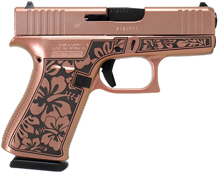 [810105518849] Glock UI4350204HIBCHIM G43 Gen3 Sub-Compact Frame 9mm Luger 6+1 3.41" Black Steel Barrel, Chimera Cerakote Serrated Steel Slide, Chimera w/Hibiscus Cerakote Polymer Frame, Right Hand