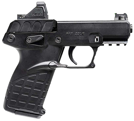 [640832010435] Kel-Tec P17BBLKOPTIC P17  Compact Frame 22 LR 16+1 3.80" Black Steel Barrel, Black Serrated Steel Slide, Black Polymer Frame w/Picatinny Rail, Textured Grip, Viridian RFX-11 Green Dot, Ambidextrous