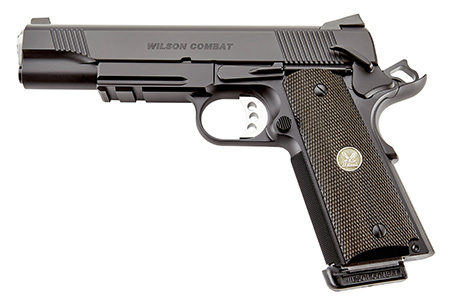 [874218004279] Wilson Combat CQBLRCAALLBLACK CQB *CA Compliant Full Size Frame 45 ACP 8+1 5" Carbon Steel Slide Diamond Wood w/ Pewter Medallions Grip