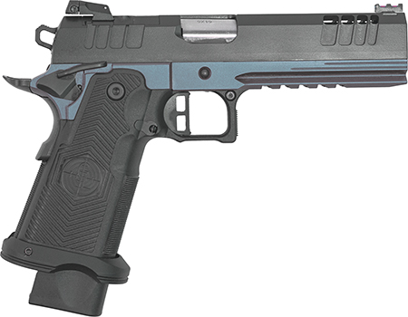 [638457790733] Great Lakes Firearms GL1911DS9FSSBLU 1911 DS Synergy 9mm Luger 20+1 5" Optic Cut/Serrated Cerakote Black Molded Grip Blue Titanium Frame