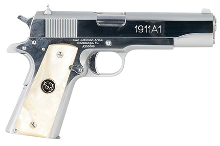 [796167791911] Iver Johnson Arms 1911A138CHRWP   38 Super 8+1 5" Stainless Steel Barrel, Bright Polish Chrome Serrated Stainless Steel Slide, Pearl Grips