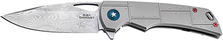 [788857771778] Boker 01BO910DAM P-51 Damast  3.35" Drop Point Plain Silver Acid Etch Damascus Blade Titanium Handle