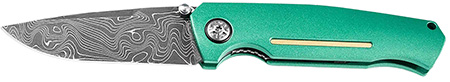 [788857061572] Boker 111102DAM   3.22" Drop Point Plain Damascus Blade Green Aluminum Handle