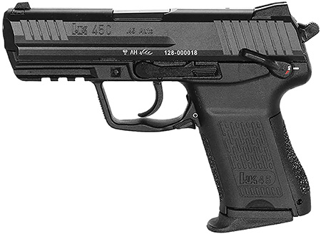 [642230269323] HK 81001111 HK45C V1 Compact Frame 45 ACP 8+1 3.94" Black Polygonal Rifled Barrel, Black Serrated Steel Slide, Black Polymer Frame w/Picatinny Rail, Black Interchangeable Backstrap Grip, Ambidextrous