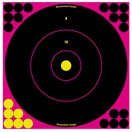 [029057340273] Birchwood Casey 34027 Shoot-N-C Reactive Target Self-Adhesive Paper Black/Pink 12" Bullseye 5 Pack