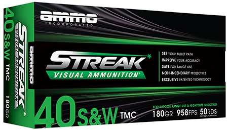 [818778023547] Ammo Inc 40180TMCSTRKGRN50 Streak Visual (GREEN)  40S&W 180gr Total Metal Case 50 Per Box/20 Case