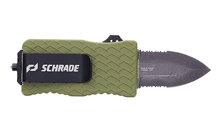 [661120651048] Schrade 1159306 Uproar Tactical Mini 1.90" Serrated Dagger Satin D2 Steel Blade OD Green Aluminum Handle