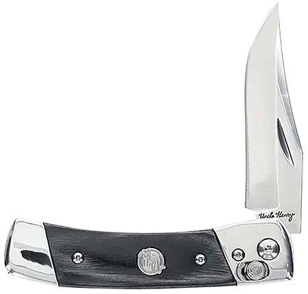 [198700001059] Uncle Henry 1222001 Smokey  2.90" Folding Plain 7Cr17MoV SS Blade, Black/SS Wood Laminate Handle