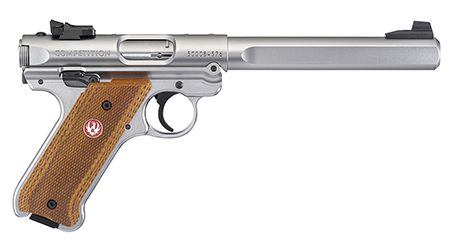 [736676401123] Ruger 40112 Mark IV Competition 22 LR 10+1 6.88" Satin Stainless Slab-Sided Bull Barrel, Satin Stainless Steel/Optic Ready Slide, Checkered Laminate w/Thumbrest Grip