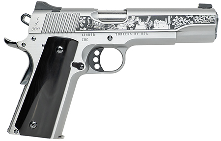 [198715307528] Cnc Firearms CNCWESTSPIRIT Kimber 1911 Western Spirit 45 ACP 7+1 5" Stainless Steel Barrel, Serrated w/Engraved Scrollwork Slide, Black Buffalo Horn Grip
