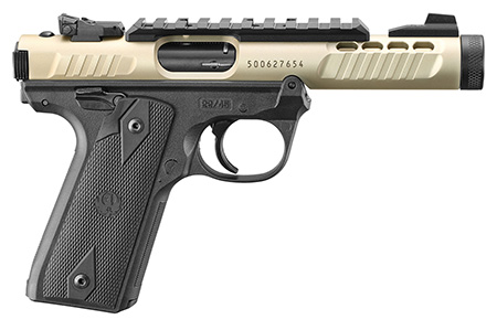 [736676439553] Ruger 43955 Mark IV 22/45 Lite 22 LR 10+1 4.40" Stainless Threaded Barrel, Champagne Anodized Serrated Slide w/Picatinny Rail, Black Anodized Polymer Frame, Black Checkered 1911-Style Grip