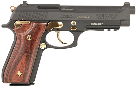 [725327942566] Taurus 1-920151GLD-HW1 92  Full Size Frame 9mm 17+1 5" Matte Black Stainless Steel Barrel, Matte Black Serrated Alloy Steel Slide, Matte Black w/Gold Accents Aluminum Frame w/Picatinny Rail, Wood Grip