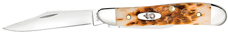 [021205000459] Case 00045 Peanut  2.10"/1.53" Folding Clip Point/Pen Plain Mirror Polished Tru-Sharp SS Blade, Peach Seed Jigged Amber Jigged Bone Handle