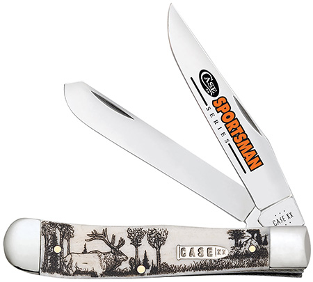[021205812229] Case 81222 Trapper Sportsman Folding Clip Point/Spey Plain Mirror Polished Tru-Sharp SS Blade/Elk Embellished Natural Bone Handle