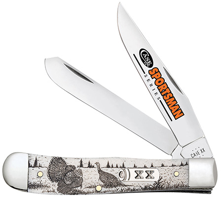 [021205812212] Case 81221 Trapper Sportsman Folding Clip Point/Spey Plain Mirror Polished Tru-Sharp SS Blade/Turkey Embellished Natural Bone Handle