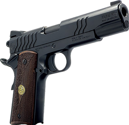 [646809582240] Dickinson LLC DCKSN9BS 1911 Adam 9mm Luger 8+1 4.37" Black Steel Barrel, Shiny Black Serrated Aluminum Slide  &  Steel Frame, Wood Grip