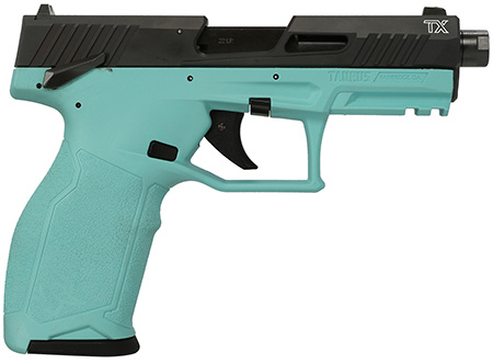 [725327943327] Taurus 1-2TX22141C 2TX  Full Size Frame 22 LR 22+1 4.60" Matte Black Threaded Barrel, Black Anodized Serrated Slide, Cyan Polymer Frame w/Picatinny Rail, Textured Grip