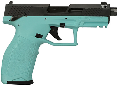 [725327943341] Taurus 1-2TX22141C-10 2TX  Full Size Frame 22 LR 10+1 4.60" Matte Black Threaded Barrel, Black Anodized Serrated Slide, Matte Cyan Polymer Frame w/Picatinny Rail, Textured Grip