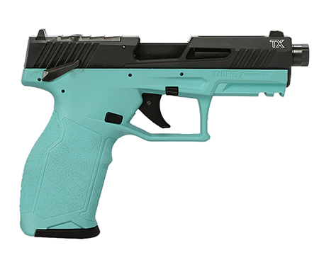 [725327943334] Taurus 1-2TX22P141C TX22 T.O.R.O. 22 LR 22+1 4.60" Matte Black Threaded Barrel, Black Hard Coat Anodized Optic Ready/Serrated Slide, Cyan Polymer Frame w/Picatinny Rail, Textured Grip