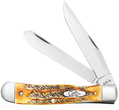 [021205653457] Case 65345 Trapper  3.25" Folding Clip Point/Spey Plain Mirror Polished Tru-Sharp SS Blades, Burnt Dark Amber 6.5 BoneStag Handle, Includes Pocket Clip