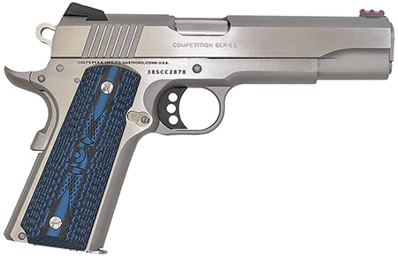 [098289111463] Colt Mfg O1073CCS Competition Government 38 Super 9+1 5" Stainless National Match Barrel, Serrated Slide  &  Frame w/Beavertail, Checkered Blue G10 Grip, Ambidextrous