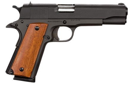 [4806015514213] Rock Island 51421 GI Standard FS *CA Compliant 45 ACP Caliber with 5" Barrel, 8+1 Capacity, Overall Black Parkerized Finish Steel, Beavertail Frame, Serrated Slide  &  Wood Grip