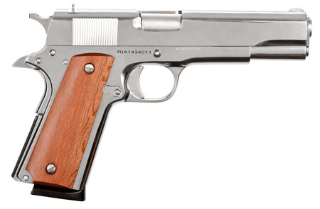 [4806015514336] Rock Island 51433 GI Standard FS 45 ACP Caliber with 5" Barrel, 8+1 Capacity, Overall Polished Nickel Finish Steel, Beavertail Frame, Serrated Slide  &  Wood Grip