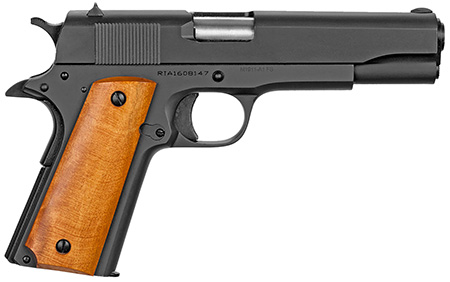 [4806015518150] Rock Island 51815 GI Standard FS *CA Compliant 38 Super Caliber with 5" Barrel, 10+1 Capacity, Overall Black Parkerized Finish Steel Beavertail Frame, Serrated Slide  &  Wood Grip