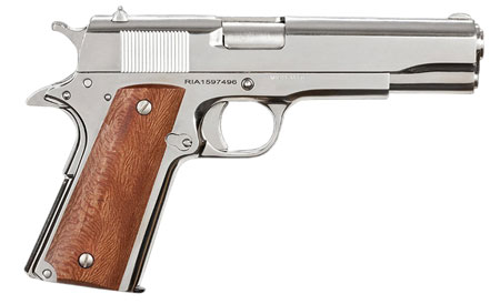 [4806015518143] Rock Island 51814 GI Standard FS *CA Compliant 38 Super Caliber with 5" Barrel, 10+1 Capacity, Overall Polished Nickel Finish Steel, Beavertail Frame, Serrated Slide  &  Wood Grip