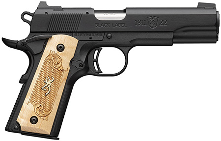 [023614864974] Browning 051067490 1911-22 Black Label Medallion Full Size Frame 22 LR 10+1 4.25" Stainless Steel Barrel, Matte Black Serrated Slide, Matte Black Aluminum Frame w/Beavertail, Maple Medallion Grip