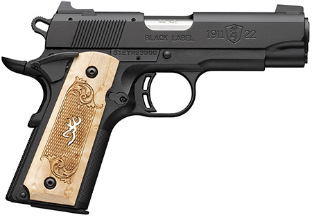[023614864981] Browning 051068490 1911-22 Black Label Medallion Compact Frame 22 LR 10+1 3.63" Stainless Steel Barrel, Matte Black Serrated Slide, Matte Black Aluminum Frame w/Beavertail, Maple Medallion Grip