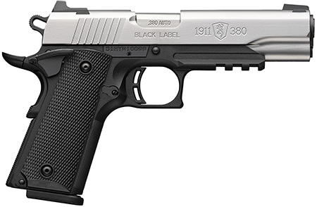 [023614865018] Browning 051120492 1911 Black Label Full Size Frame 380 ACP 8+1 4.25" Stainless Steel Barrel, Satin Stainless Serrated Slide, Matte Black Polymer Frame w/Picatinny Rail, Black Polymer Grip